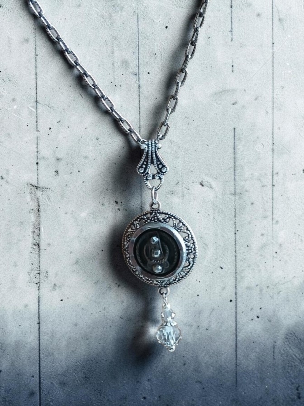 Antique Picture Button Necklace Cut Steel Riveted Oxidized Silver